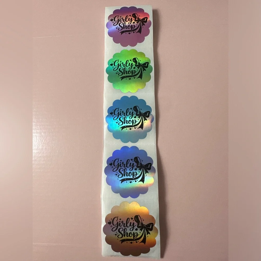 50 ct. Custom 2” Holographic Multi-Color Rainbow Round Scalloped Sticker Labels